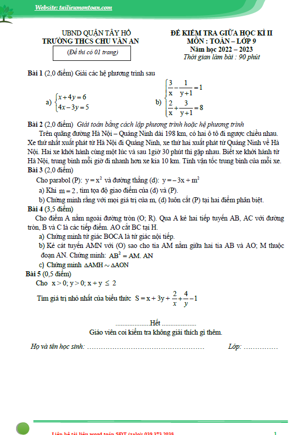 Bộ đề giữa kì 2 môn toán lớp 9 hà nội năm học 2022-2023