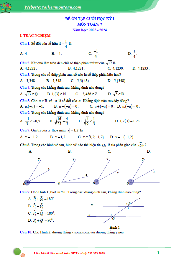 Đề cương ôn tập cuối kì 1 môn toán lớp 7 năm học 2023-2024