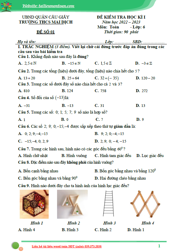 Đề học kì 1 toán lớp 6 Hà Nội năm học 2022-2023