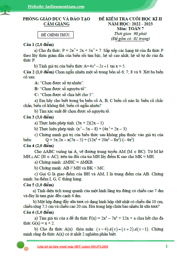 Đề học kì 2 môn toán lớp 7 năm học 2022-2023